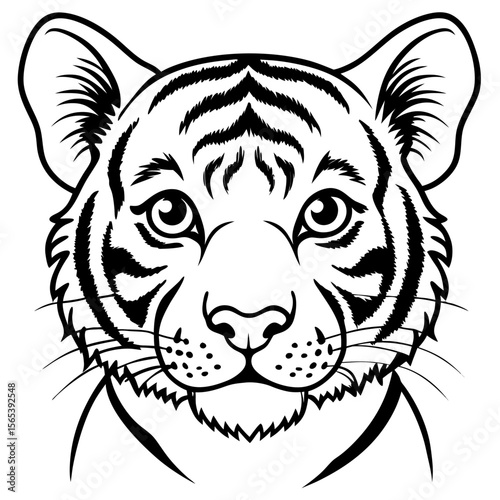Stylized black and white line art portrait of a fierce tiger face