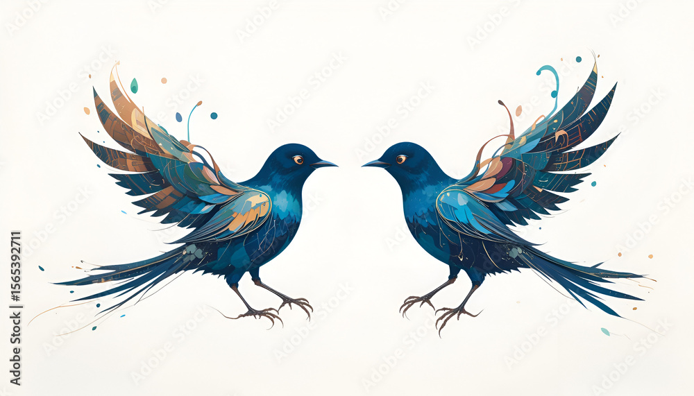 Obraz premium Two stylized blue birds with artistic wings create a vibrant nature scene, perfect for graphic design and decorative art projects.