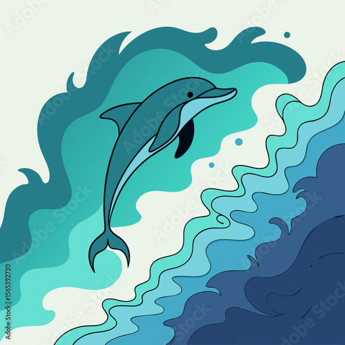 Joyful dolphin leaping through stylized blue ocean waves
