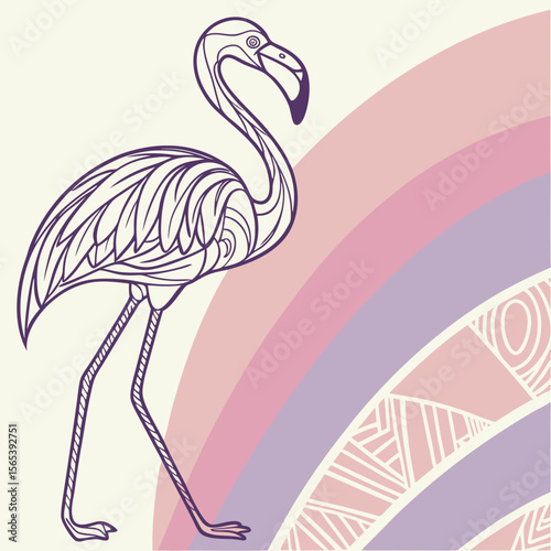 Elegant flamingo with pastel rainbow and abstract patterns