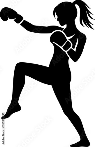 Black silhouette of a person doing a kickboxing pose, minimalist vector
