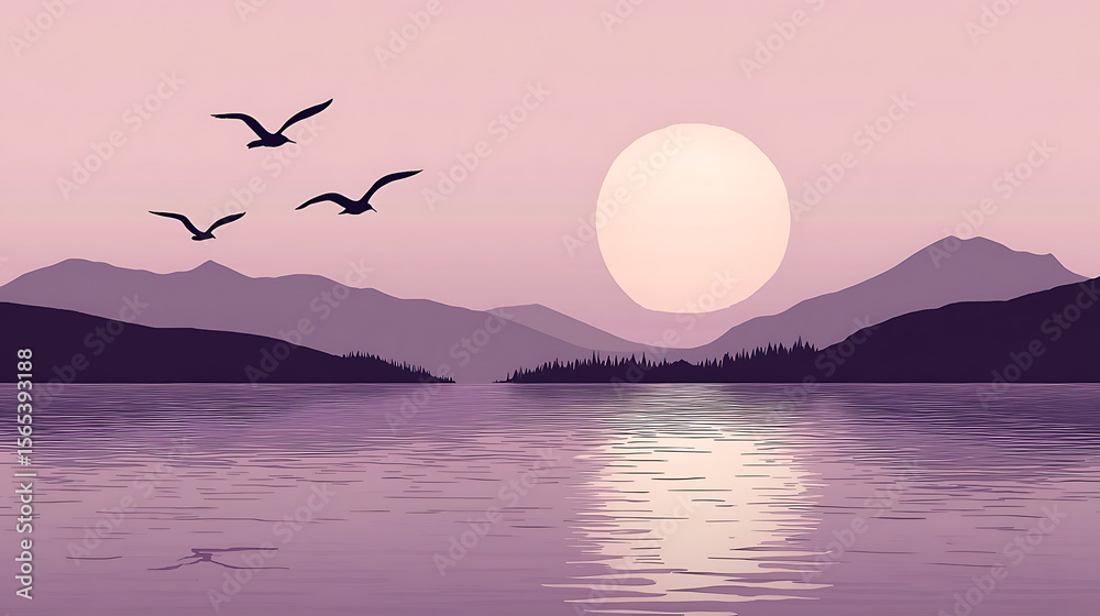 A serene landscape with a large, glowing moon A serene landscape with a large, glowing moon