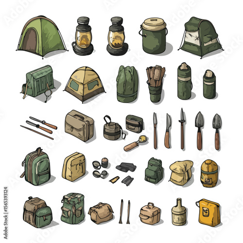 Camping Objects Icons Set Cartoon Vector and Illustration