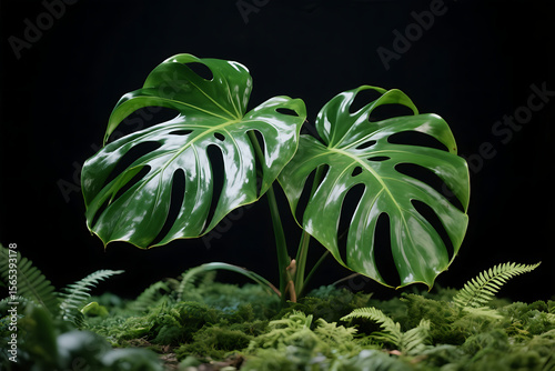 Lush green Monstera deliciosa plant with deeply lobed leaves, prominently displayed against a stark black background, surrounded by smaller greenery.