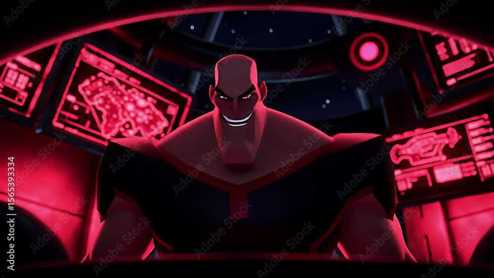 Bald, muscular villain in a cockpit bathed in red light, plotting something sinister