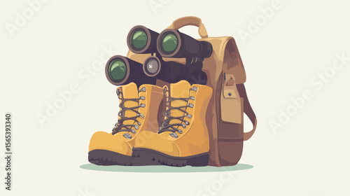 Camping Travel Bag with Binoculars and Boots in Nature