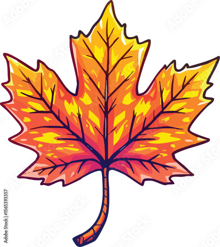 A colorful illustration of an autumn maple leaf with vibrant orange and yellow hues.