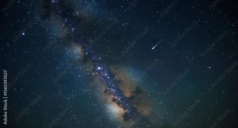 Fototapeta premium Milky Way stretches across the night sky with a shooting star streaking through the darkness.