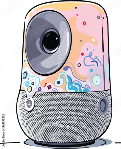 Artistic illustration of a modern smart speaker with abstract colorful pattern design.
