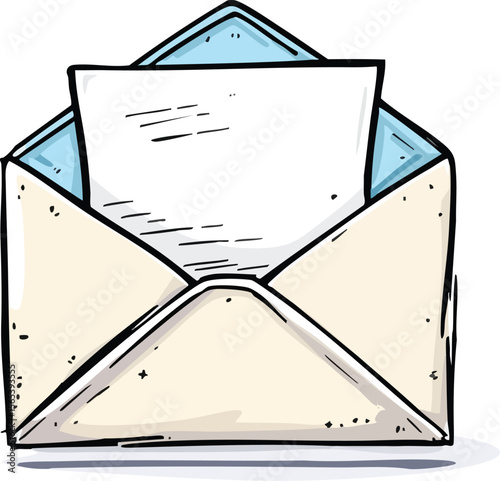 Cartoon illustration of an open envelope with a blank letter inside a creative design.