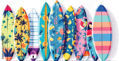 Collection of colorful and artistic surfboards displaying various tropical and summer designs.