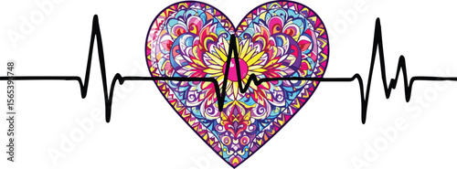 Colorful heart shaped mandala with ekg overlay representing vitality and medical concepts.