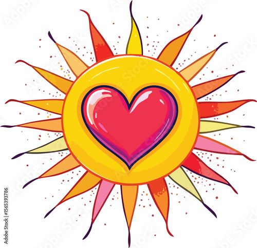 Colorful illustration of a vibrant sun with a heart representing love and warmth on white.