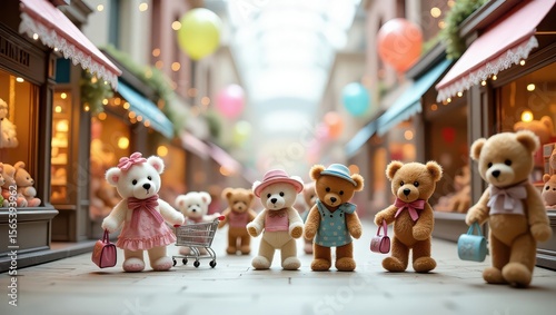 Teddy bears on a shopping spree down a charming street with balloons and storefronts in the background