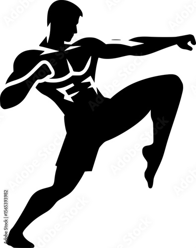 Black silhouette of a person doing a kickboxing pose, minimalist vector
