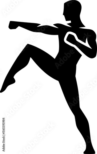 Black silhouette of a person doing a kickboxing pose, minimalist vector
