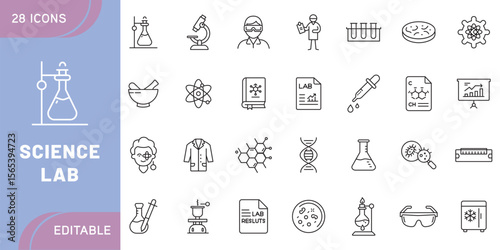 Science Lab Icon Set – Chemistry, Physics, Biology, Laboratory Equipment, Microscope, Test Tube, Experiment, Research, DNA, Molecule, and Scientific Tools in Line Style