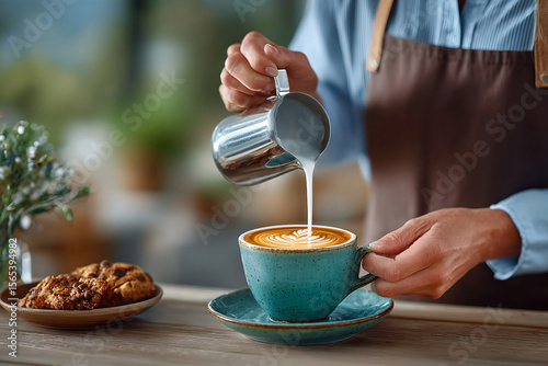 Barista pouring steamed milk into cup of coffee with latte art, accompanied by cookies on wooden table in cozy setting