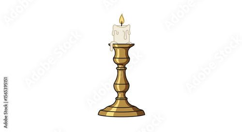 Brass candlestick with dripping wax and lit candle on top  