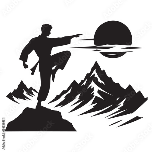 Male practicing martial arts on the top of a mountain silhouette logo vector
