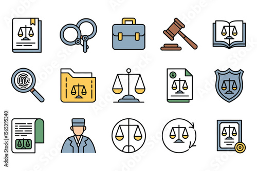 Colorful law and justice icon set, linear judgement and lawyer symbols, court and judge vector


