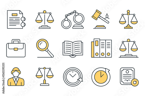 Court, judge, lawyer colorful outline icons, law and justice vector sign collection in linear style

