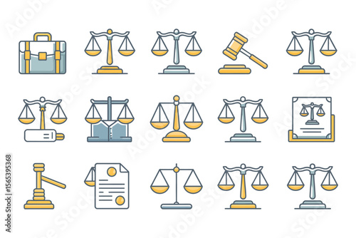 Law and justice color line icons, judgment, lawyer, court, and judge outline vector collection

