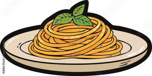 A plate of cooked spaghetti topped with fresh basil.