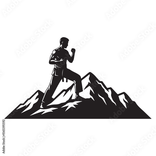 Male practicing martial arts on the top of a mountain silhouette logo vector