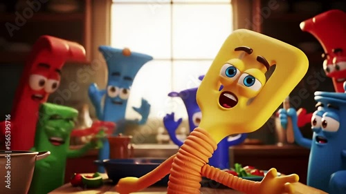 Animated kitchen utensils show bewildered expressions in a warmly lit kitchen setting