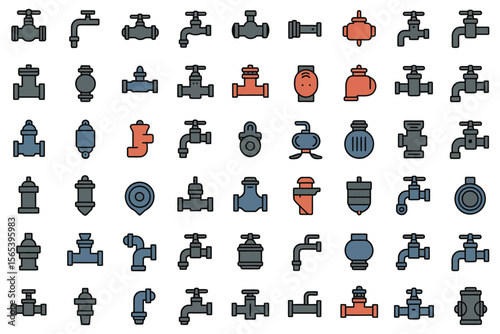 Plumbing and pipework pixel art icons silhouette set

