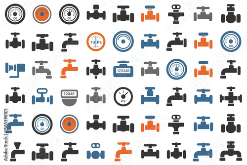 Pipework and plumbing pixel art silhouette icons set

