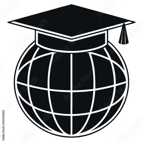 Black graduation cap on globe symbol representing global education isolated on white background
