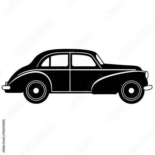 Classic black silhouette of a vintage four door sedan isolated on white background