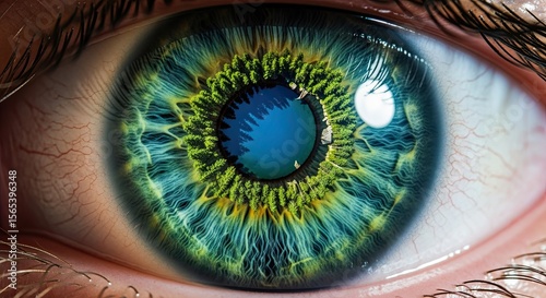 Extreme Closeup of a Human Eye with a Forest and Lake in the Iris