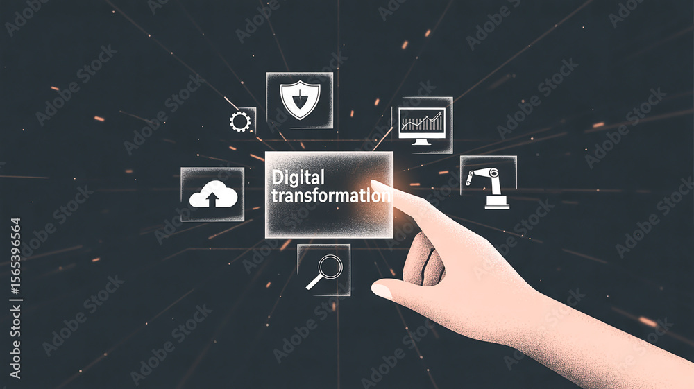 Fototapeta premium A digital hand touches a DIGITAL transformation box amid floating tech icons on dark background with glowing particles, symbolizing modern digital innovation
