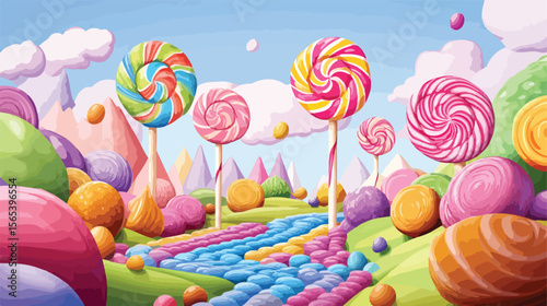 Colorful Candy Land with Lollipops and Caramels Vector Illustration