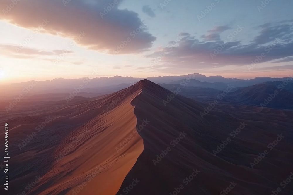 Fototapeta premium Expansive sand dunes under golden hour light create stunning shadows