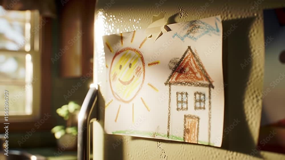A child's crayon drawing of a house and sun is taped to a textured fridge