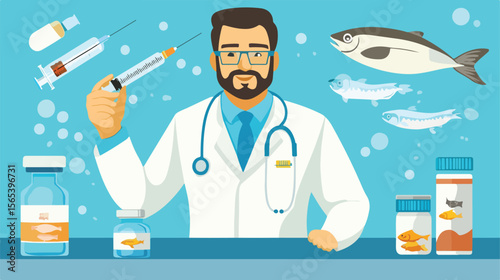 Professional Doctor Holding Medicine and Administering Injection to Canned Fish