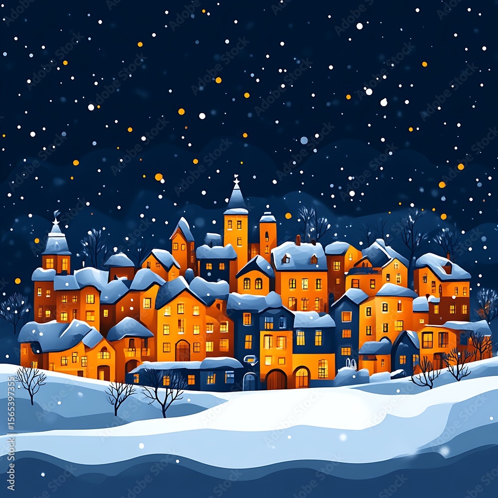 Fototapeta premium Snowy village at night, warm lights glow amidst falling snow