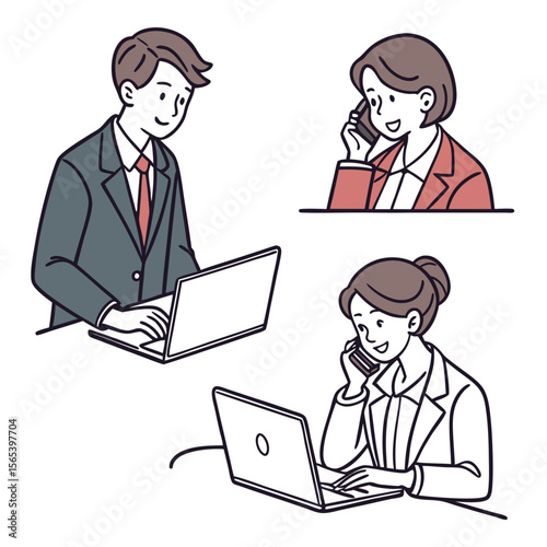Business People Working on Laptop and Phone – Flat Vector Office Illustration