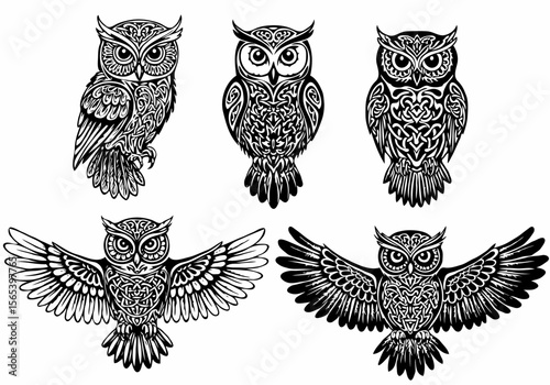 Collection of five stylized tribal celtic knot owls in black and white