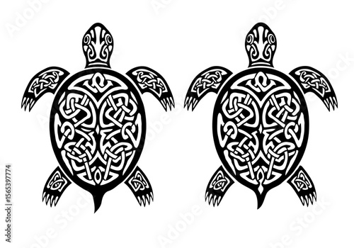 Two black celtic knotwork turtles facing each other on a white background