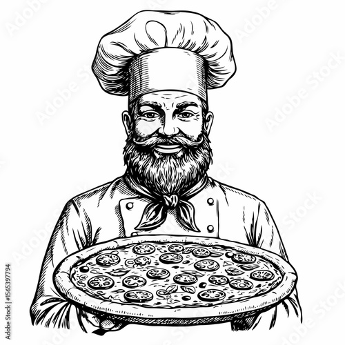 Friendly bearded chef in uniform holding a delicious margherita pizza