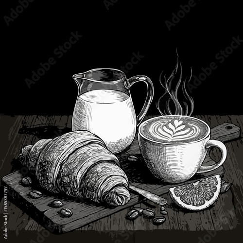Delicious croissant and latte art coffee with milk and orange slice