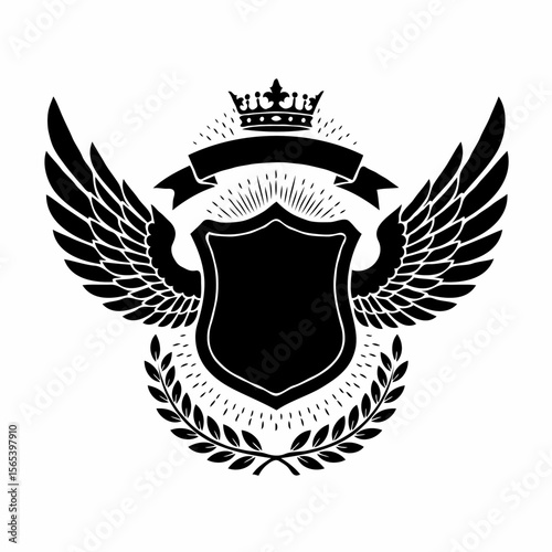 Black heraldic shield with wings crown and laurel wreath emblem