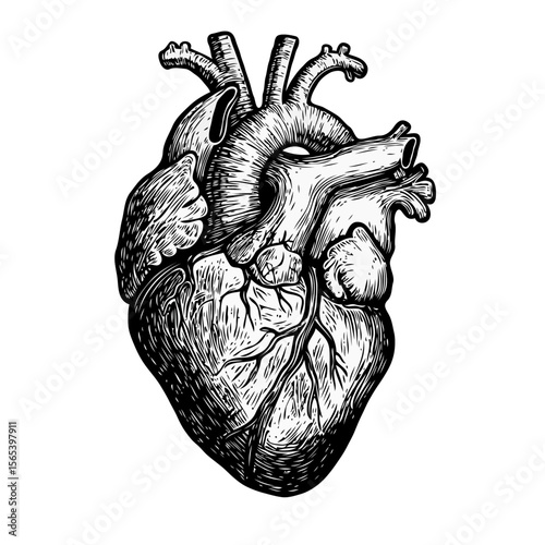 Detailed black and white illustration of a human heart with intricate linework