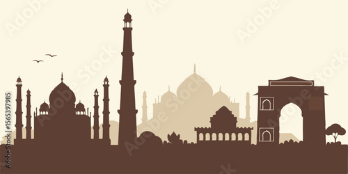 Delhi silhouette skyline vector with India Gate, Red Fort, Qutub Minar, and Lotus Temple. Ideal for projects that showcase the heritage and spirit of India