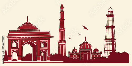 Silhouette of Delhi India with Historic Sites and Modern Icons – Great for Travel, Culture, and South Asian Design Themes